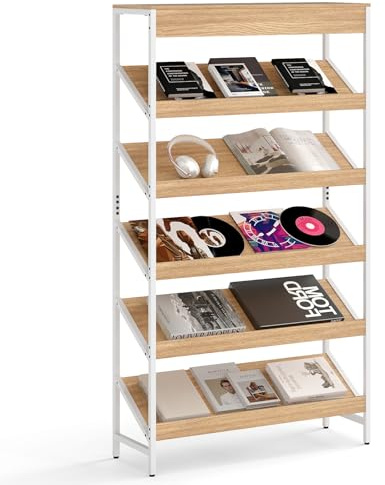 COSTWAY 6 Tier Bookshelf, 161 cm Tall Freestanding Slant Display Shelf with Heavy-Duty Metal Frame, Industrial Wooden Bookcase Newspaper Rack Storage Organizer for Home Office (Natural)