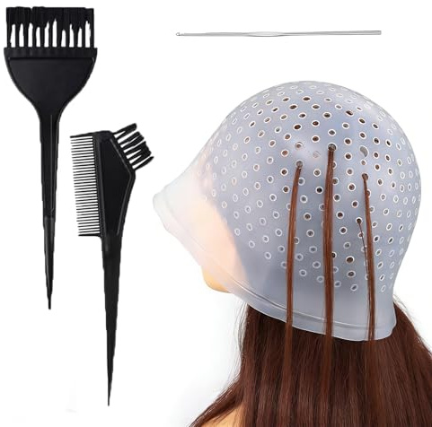 Gorro de Tinte Highlight,Gorro Mechas Silicona Profesional,Accesorios para Teñir el Cabello,Mechas Peluqueria de Silicona con Peine et Cepillos de Tinte Gancho Coloración,para Uso en Casa,en Salón