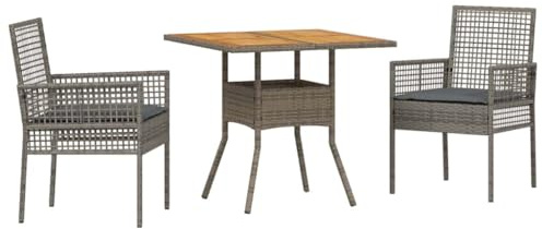 PUGYNBK Gruppo da pranzo in rattan sintetico, 3 pezzi, grigio, con piano in legno di acacia e cuscino in poliestere