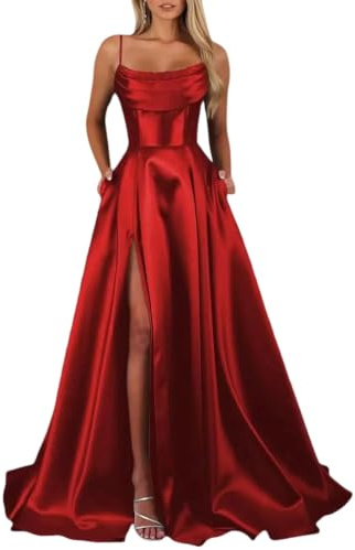 shownicer Robe De Soiree Femme Chic et Elegant Robe Longu Paillette Satin Robe De Bal De Promo Robes Mariage Invitée A Rouge 42