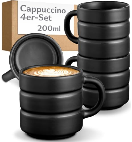 Cosumy Cappuccinokoppar Set om 4 Svarta - Keramik Kaffekoppar 200 ml