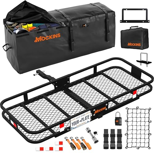 Mockins Folding Luggage Rack for SUV Car Truck ATV & More | 500 lb. Capacity Steel Trailer Hitch Cargo Carrier 60x20x6 w/ 16 Cu Ft Waterproof Cargo Bag for Hitch Carrier & Cargo Trailer Accessories