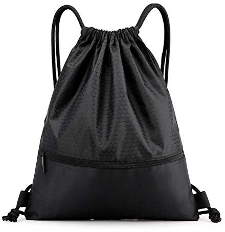 kuou Turnbeutel mit Kordelzug, 42 * 50 cm Wasserdichter Verstellbar Tunnelzug Rucksack mit Reißverschlusstasche Sportbeutel für Sport Reisen (Schwarz).