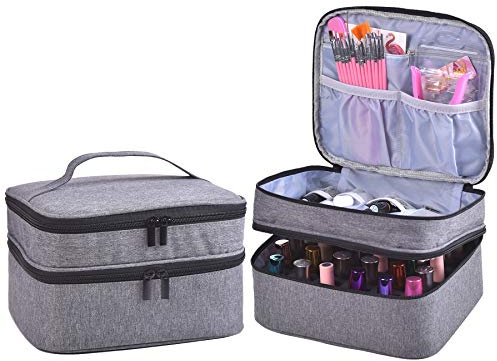 ZFZGFRCS Nail Polish Organizer- Holds 30 Bottles Nail Supply Organizers and Storage Double-layer Nail Bag Organzier Case Nail varnish Organizer Nail Polish Storage Bag with Handle (Grey)