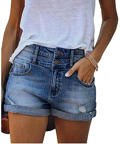 Bichingda Short décontracté en Jean pour Femme - Taille Haute - Ourlet effiloché - Jean d'été déchiré - Pantalon Court Chaud avec Poches, Dark Blue, Taille M