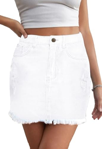 JayscreateEU Gonna estiva da donna, in jeans, gonna attillata, minigonna con tasca, gonna a linea ad A, bianco, S