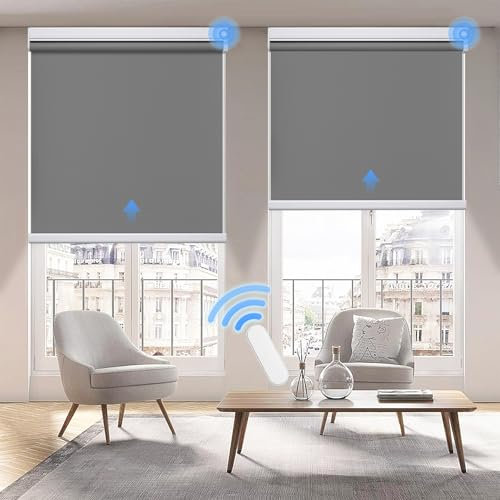 Grandekor Motorized Roller Shade with Remote Control, Motorized Blinds 100% Blackout Electric Shades, Cordless Window Blinds Shades for Bedroom Living Room Office,Dark Grey,W24 xH72