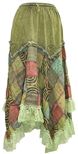 Gheri Womens Patchwork Bohemian Lace Hem Cotton Pixie Skirt Green