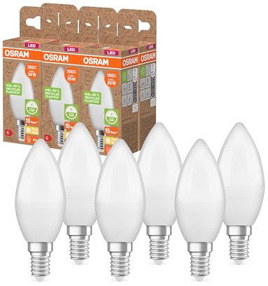Osram LED STAR CLASSIC B 25 FR LED-Lampe, E14, klassische Minikerzenform, weiß, 3,3W, 250lm, 2700K, warmweißes Licht, sehr geringer Energieverbrauch, mit recyceltem Kunststoff, 6 - Pack