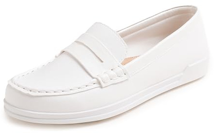 Feversole Comfort Women's Leather Daily Loafer,Chaussures de Bateau Flexibles pour la Marche Cuir de Veau Blanc 38
