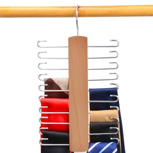LMSAWK Krawattenhalter aus Holz, 360 Grad Drehbarer Krawattemhalter, mit 20 Metallregale, Krawattenhalter Aufbewahrung für Krawatten, Gürtel, Schals, Holzfarbe