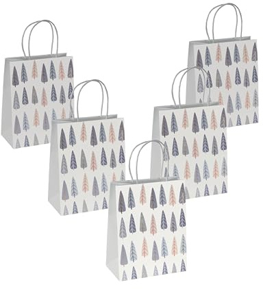 Sigel GT122/5 mittelgroße Premium Geschenktüten aus Papier, 5er Set, weiß/blau/gold, mit Papierkordelgriffen, 18 x 23 x 10 cm, Pine trees, Papier-Geschenktaschen Weihnachten
