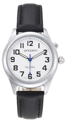 QINGQIAN Gran reloj parlante inglés para discapacitados visuales, habla con hora clara y fuerte, fecha y hora de alarma. La correa elástica es el mejor regalo para personas mayores o ciegas, Plateado