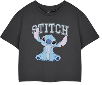 Disney Stitch Maglietta Donna Taglio Corto in Carbone | Maglietta Grafica Cropped a Maniche Corte Stile College | Abbigliamento di Cartone Animato Alieno Carino | Regalo di Merchandising del Film
