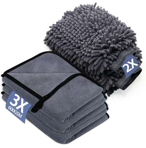 YSWOVUO 5 Stück Autopflege Set mit 3er Mikrofasertücher Auto & 2er Mikrofaser Waschhandschuh Auto, 600 GSM Trockentuch Extra Saugstark 100% Kratzfrei & Schonend, zum Polieren (40 x 30 cm)