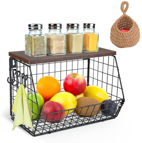 2 st hängande fruktkorgar, BOJVESH avtagbar fruktkorg med trälock och vävd droppformad hängande korg, vägg frukt grönsaksförvaring för kök (svart, brun)
