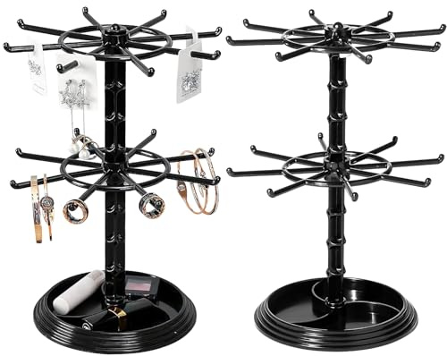 OGMBI 2 Pcs Rotating Jewellry Display Stand, 2 Tier Black Plastic Jewelry Rack, Necklace Display Holder, Keychain Stand Organizer for Necklaces, Bracelets, Earrings, Ring