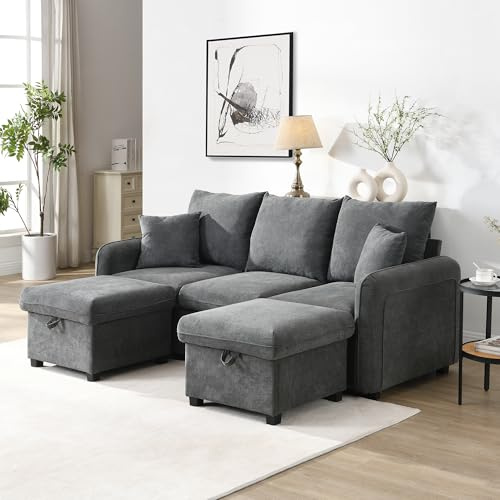 Rvjiahe Divano angolare multifunzionale Divano imbottito a U a tre posti con funzione di contenitore,Inclusi cassetti,poggiapiedi con vano portaoggetti (Grigio scuro, 3 Seat)