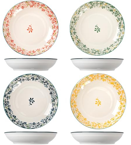 Set di 4 piatti da dessert, piatti da colazione, piatti da pasta, grandi e profondi, in porcellana, piatti piani in ceramica, piatti per la colazione, piatti da torta