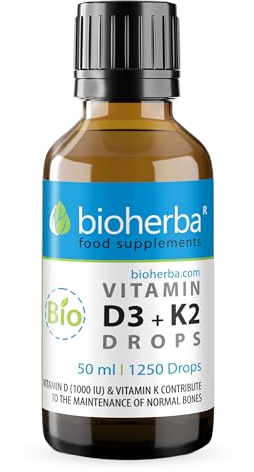 Vitamin D3 + K2 Tropfen von Bioherba – Hochdosierte, vegane Formel mit MK-7 & MCT-Öl | 1250 Tropfen zur täglichen Nahrungsergänzung – ohne Zusatzstoffe