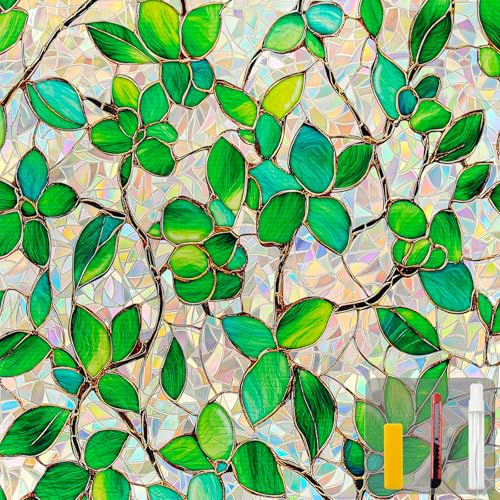 COUNTEWOL Window Privacy Film with Installation Tools Home Decorative Colored Glass Window Stickers Reusable electrostatic Rainbow Stickers (Greenery Leaf, 17.5 x 78.7 in)