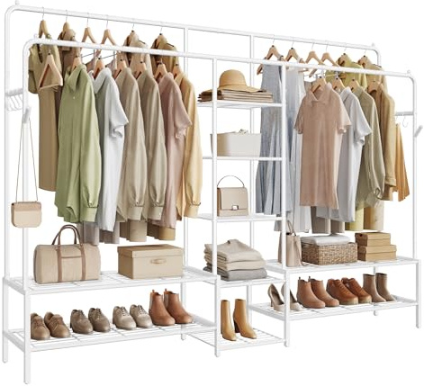 SONGMICS Clothes Rail, Heavy Duty Clothes Rack with 9 Storage Shelves, Double Hanging Rods, Metal Coat Rack, Open Wardrobe for Bedroom, Living Room, Hallway, White HSR183WG01