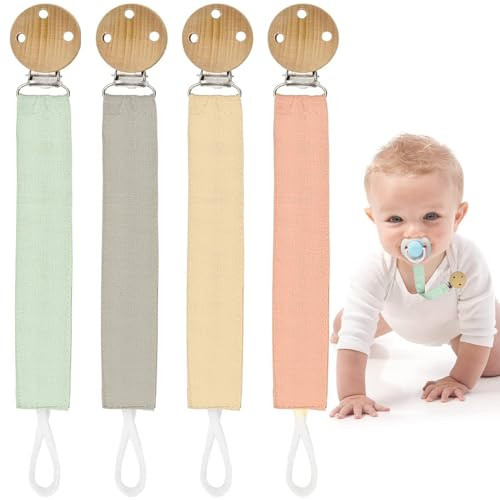 ZUPAPJO 4 Stück Schnullerkette Stoff, Baby Schnullerkette Clip, Schnullerketten Baumwolle mit Buchenholz Clip, Schnullerband Stoff für Mädchen und Jungs