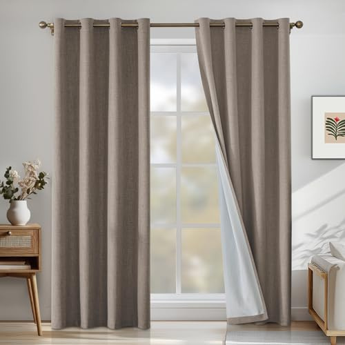 CYCMACO 100% Mörkläggningsgardiner 2 Stycken, 140x245cm, Linneeffekt, Värmeisolerade Interiörgardiner Med Ringar, Ljudabsorberande, Sovrumsgardin, För Vardagsrum, Brun
