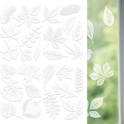 Floruvia 26 pegatinas de ventana para aves, película de ventana para proteger contra colisiones de aves, diseños de hojas mate transparentes para balcones o puertas de vidrio
