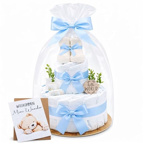 Windeltorte – Babygeschenk zur Geburt | Babyshower Geschenk | Handgemachte Windeltorte mit Babysocken & Deko | Fertig verpackt (Hellblau)