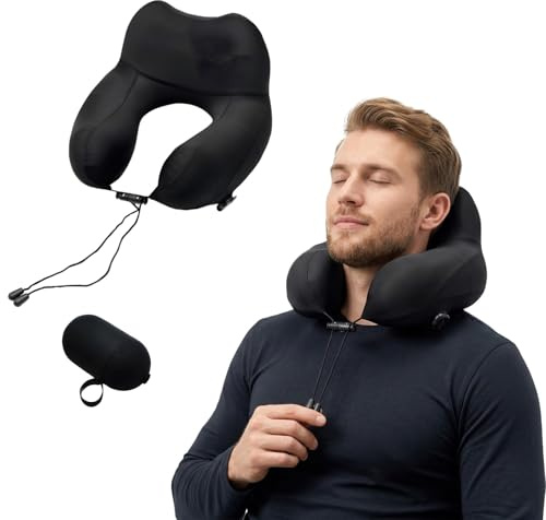 Devineresse Coussin Cervical Gonflable pour Avion avec Pompe à Main & Boîte, Soutien Cervical Surélevé 16CM, Coussin de Voyage en Tissu Frais Ice-Touch, Oreiller pour Voiture Train Bureau (Noir)
