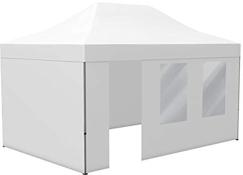 Vispronet Profi Faltpavillon Basic 3x4,5 m in Weiß, Stahl-Scherengitter, 4 Seitenteile - Davon 1 Wand mit Tür & Fenster (weitere Farben & Größen)