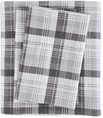 WOOLRICH Flanell 100% bomullslakanset varma mjuka lakan med 35 cm elastisk ficka, stuglivsstil, mysig sängklädesset, matchande kuddfodral, drottning, grå rutig, 4 delar