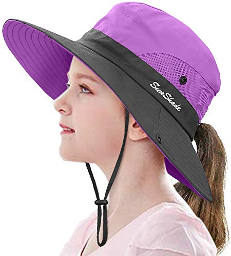 LCZTN Kids Ponytail Sun Hat Wide Brim UV Protection for Girls Beach Bucket Cap (M:20.5-21.7 Head circumferences, Suggest to 5-12T, Purple)