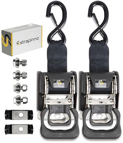 Strapinno 2PCS Stainless Steel Retractable Ratchet Straps (1 7/8 in x 4 ft) Transom Tie Downs for Boat Trailer - Extra Mounting Brackets & Bolt Set, Boat Accessories, Break Strength 1,650LB/750KG
