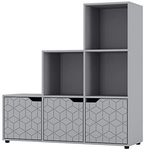 URBNLIVING Estantería de almacenamiento gris de 6 cubos con puertas de metal de madera, organizador de madera para el hogar (puerta gris, puerta geométrica)