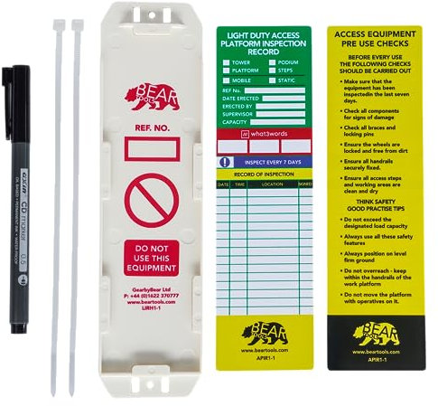 BearTOOLS Access Platform Inspection Record Kit, Weatherproof, Keep Your Tower, Podium, Steps Safe, Clear Visible Tags, For All Step Sizes, Complete With Cable Ties (Holder + 2 Inserts + Marker)
