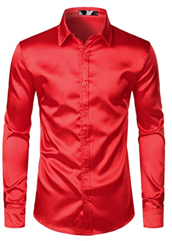 Camisa de esmoquin de satén de seda blanca para hombre 2022 de manga larga ajustada para hombre camisas de vestir para fiesta de boda, baile masculino, camisa casual Chemise rojo, talla M