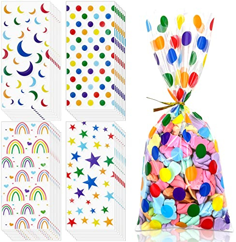 Bnsikun Lot de 100 sacs à friandises en cellophane arc-en-ciel pour anniversaire, motif à pois, lune, étoile - Pour fête prénatale, fête d'anniversaire