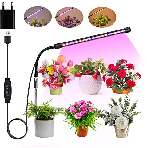Lampe de Plante, Lampe LED Horticole Réglable Lampe de Croissance à Spectre Complet avec Adaptateur Secteur et Minuterie 3/9/12H, Lampe pour Plante 3 Modes pour Semis, Croissance (sans Scintillement)