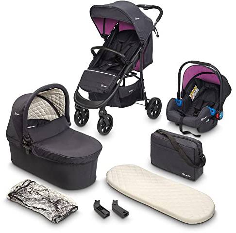 BABYGO Kinderwagen 3 in 1 Styles - Sportaufsatz und Wanne jeweils separat und Auto-Babyschale - Wickeltasche/Regenschutz/Matratze - Rosa