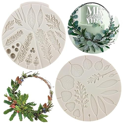 MYPRACS Winter Foliage Flower Pro Silicone Mould Pine Cone Branch Fondant Mould Laurel Leaf Moulds for Cake Decorating Cupcake Topper Candy Chocolate Gum Paste Polymer Clay Set of 2