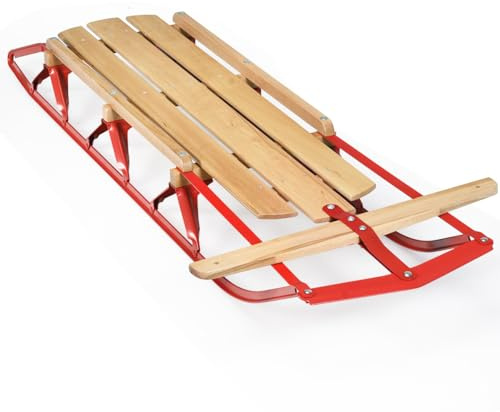 COSTWAY släde, träsläde, barn 137 cm, Davos kälke trä & metall, barnsläde, snösläde, 150 kg lastkapacitet för barn och vuxna, röd + natur