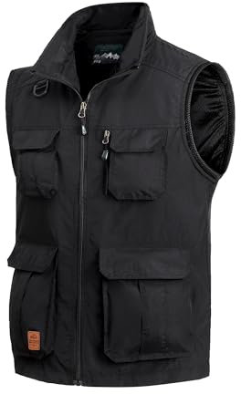 MeiLayM Herren Outdoor Weste Anglerweste Ärmellos Freizeit Jacke mit Vielen Taschen Weste Leicht Atmungsaktiv Sport Weste Jagd und Fotografie Wandern Weste Schwarz,XXL