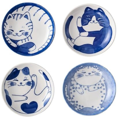 XNSHUN 4 Stück Snack Schalen Set Dip Schälchen, Mini Keramik Soße Gewürzschalen Sushi Sojasauce, 4 Inch Dipschalen Soja Saucenschälchen Für Gewürzen Sojasauce Saucen Snacks (Katze)