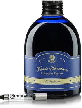 Octopus Fluids Klassik Füllhaltertinte Königsblau löschbar - Set mit 250?ml Nachfüllflasche & Tinten-Konverter, hochwertige Schreibtinte für Füllhalter und Schreibfedern