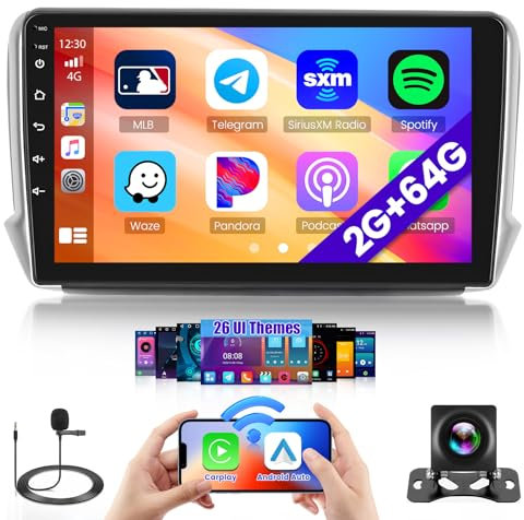 Android 15 Autoradio pour Peugeot 208/2008 2012-2018 avec 2G+64G, HiKity Carplay sans Fil Android Auto 10.1'' Poste Radio avec GPS, WiFi, Bluetooth, Mirror Link, FM/RDS, MIC, SWC, Caméra de Recul