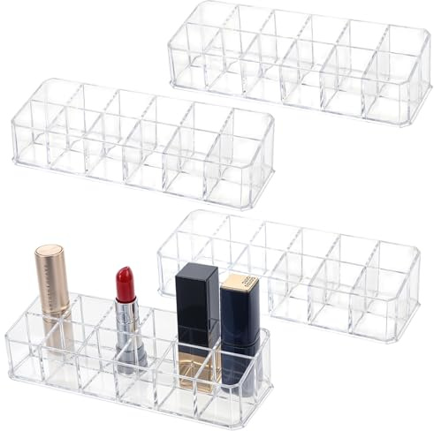 JOUTYFOR 4-Pack 12-Slot Acrylic Lipstick Organizer, Lipstick Holder, Lip Gloss Organizer, Cosmetic Storage Display, Perfect Storage Solution for Drawer, Vanity, Bathroom, and More