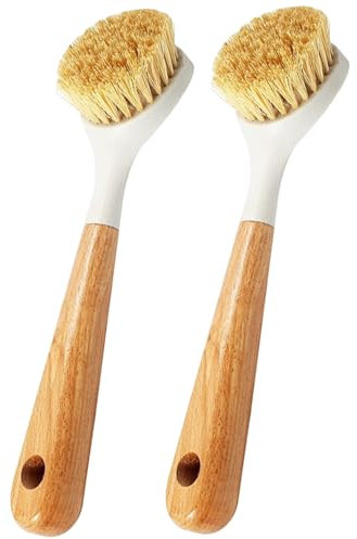 Brosse à Vaisselle 2pcs Nylon Dish Sclow Brush avec Poignée en Bois Brosse à Vaisselle avec Brosse de Nettoyage de Trou pour Plats, casseroles, poêle en Fonte, éviers de Cuisine