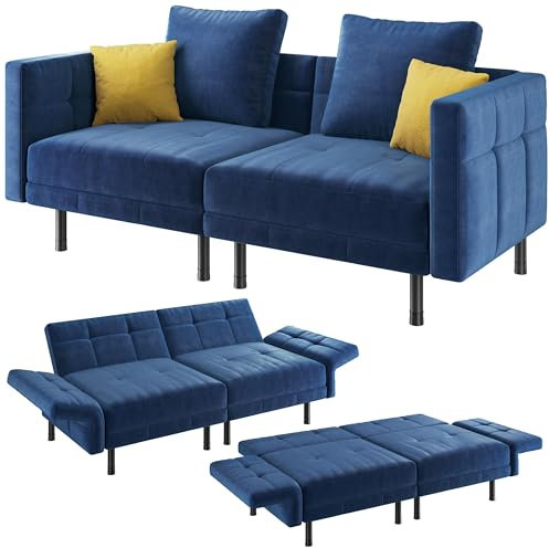 Yaheetech Trennbares Sofa mit Schlaffunktion, Schlafsofa 2 Sitzer aus Samtstoff, Schlafcouch mit 4 Kissen, 170x80x72.5 cm Multifunktionaler Schlafsessel fürs Wohnzimmer/Schlafzimmer/Gästezimmer, Blau